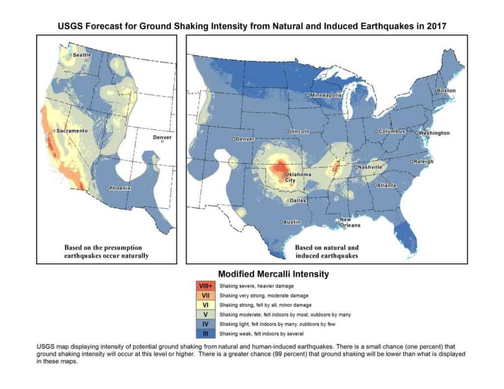 USGS Forecast for Ground Shaking Intensity from Natural and Induced Earthquakes in 2017