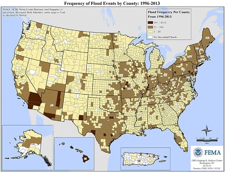 U.S. map: frequency of flood events by county (1996-2013)